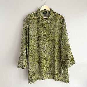 ELCC Burnout Top Button Blouse Tribal Animal Print Rayon Flax Blend 3X NWT